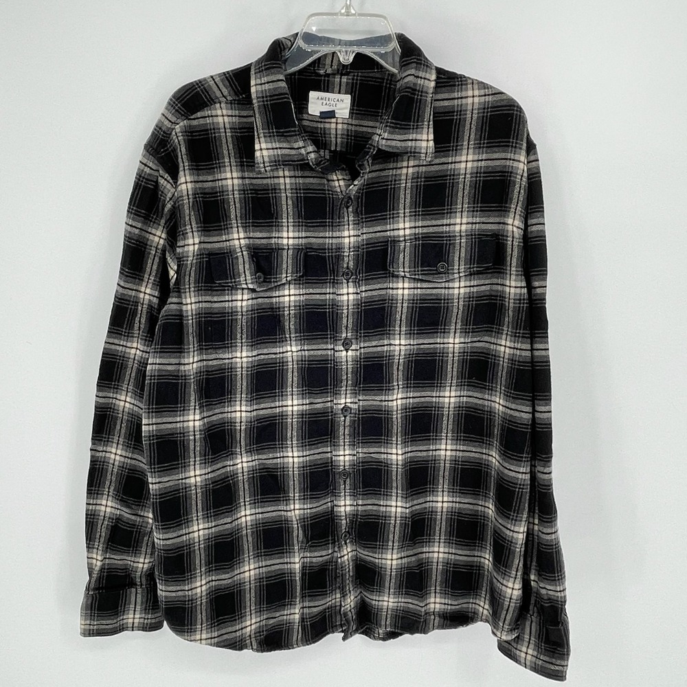 American Eagle Women's Black Gray Plaid Flannel Button Up Shirt Size XL